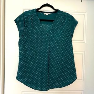 Fit 2 Fun Brand - Green with white polka dots satin blouse. Size Large.
